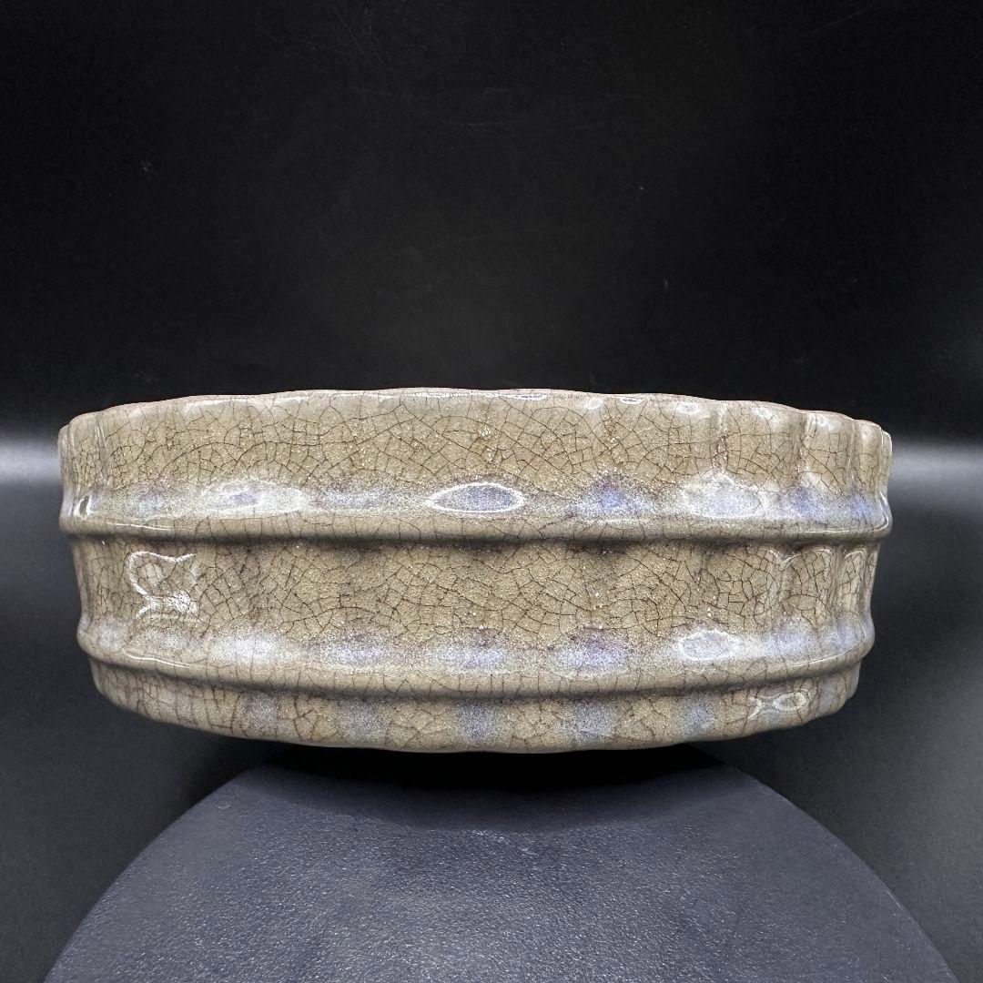 L113 汝磁開片レリーフバケツ型洗文房筆洗 骨董品