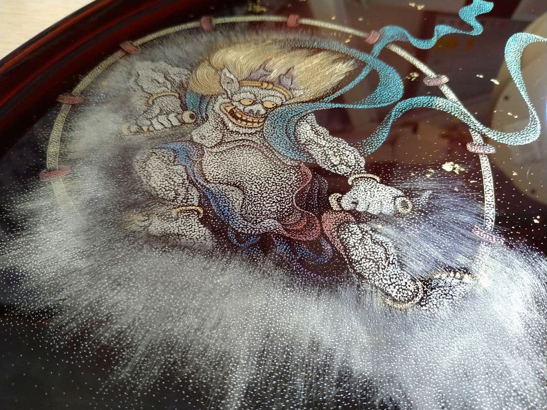 輪島塗沈金「風神雷神」半月盆