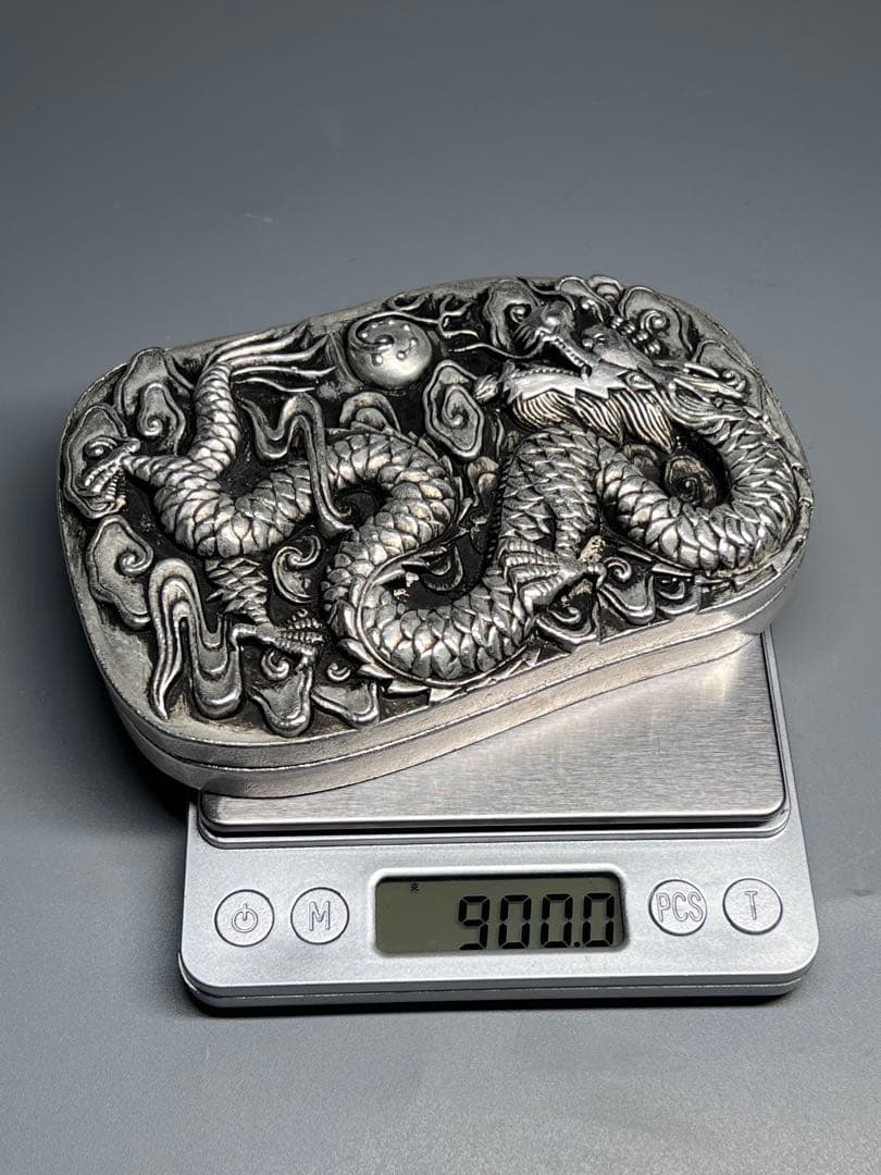 古美術　硯　文房具　厚重　刻印あり　浮き彫り　竜　迫力　金属工芸　置物