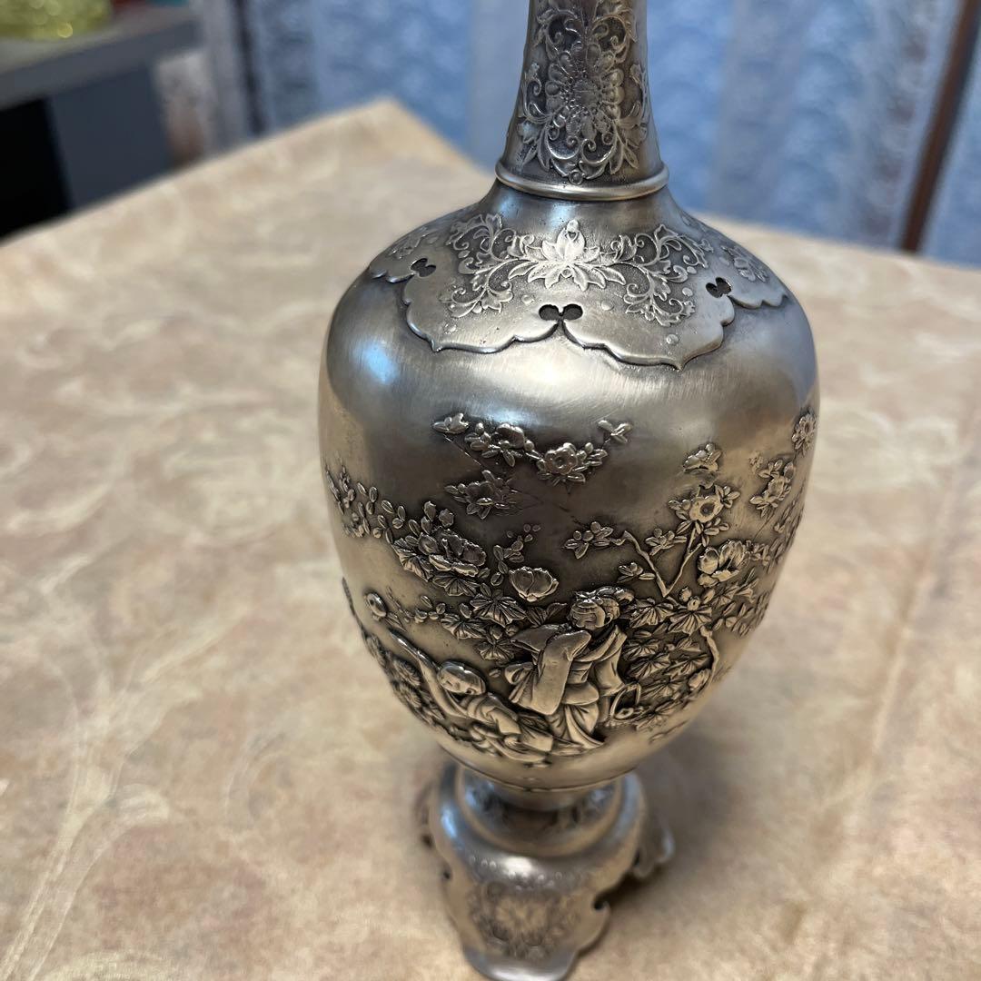 青鳳　内島　市平　花瓶　銀製　四季遊園之図