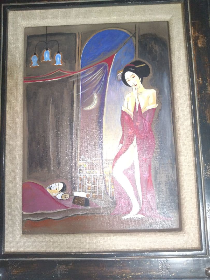 斎藤真一、絵画、油彩4F.蚊帳の月、肉筆、高級額縁、宮永岳彦、鴨居玲、山下清。