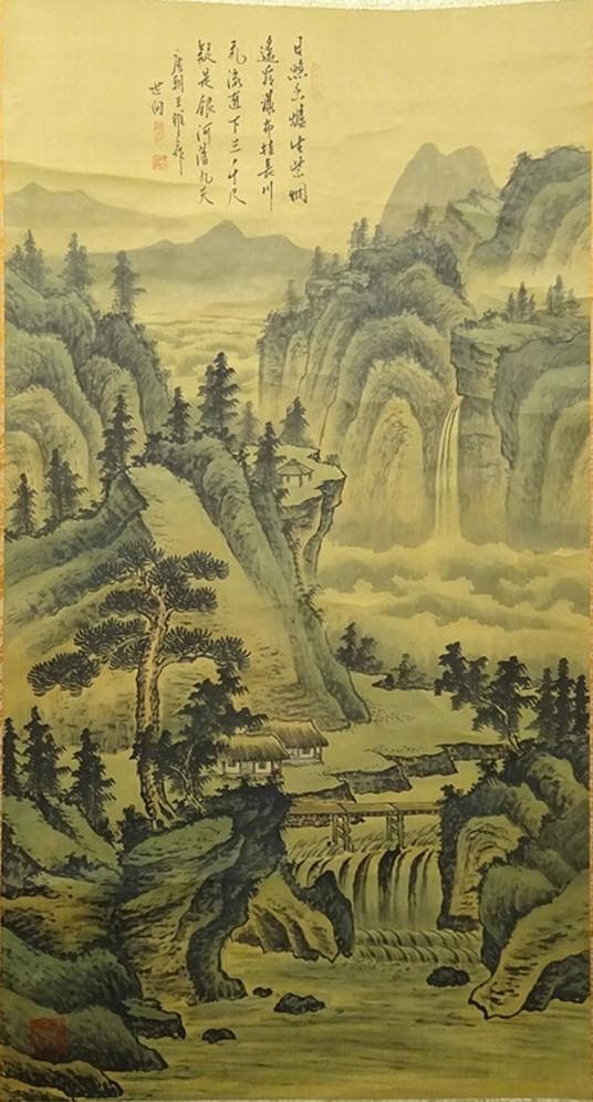 大幅掛軸 陳世向『李白 望盧山瀑布』中国画 絹本 箱付 掛け軸 a03253