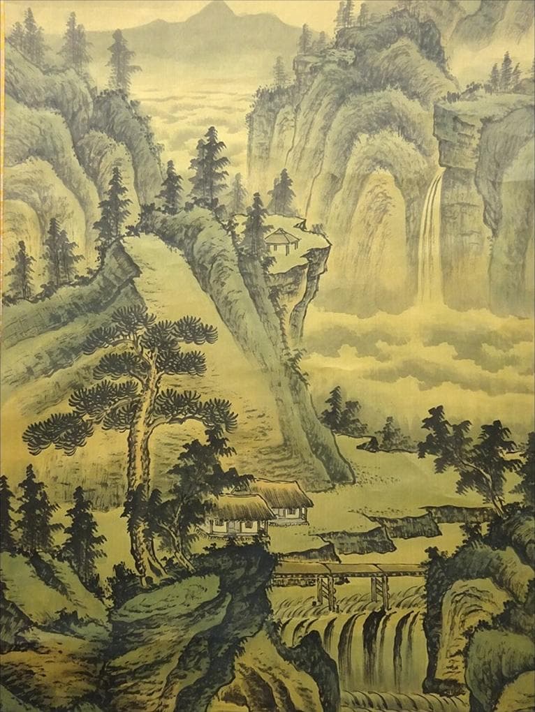 大幅掛軸 陳世向『李白 望盧山瀑布』中国画 絹本 箱付 掛け軸 a03253