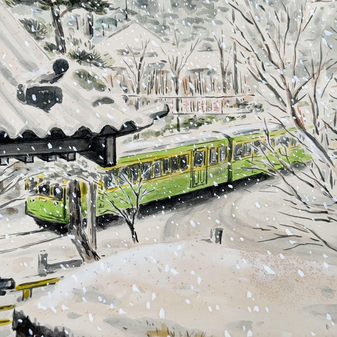 真作 田口雅巳『雪の竜口寺』水彩画 直筆 原画 共シール 落款完備 額装 江ノ電
