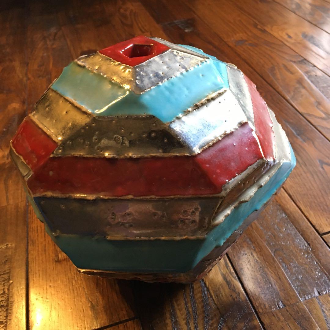 希少珍品！益子焼 瀬戸浩 赤青彩 銀條文壺 塩焼〆多面取壺 花器 飾壺 古美術品