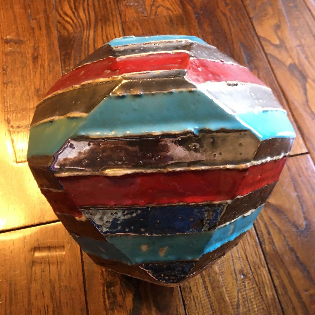 希少珍品！益子焼 瀬戸浩 赤青彩 銀條文壺 塩焼〆多面取壺 花器 飾壺 古美術品