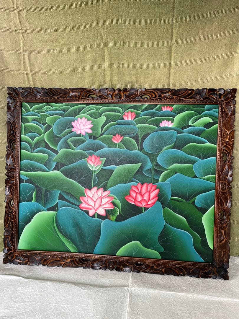 大サイズ！ロータス蓮の花と葉のリアリズム絵画 バリ島インドネシア　アジアン