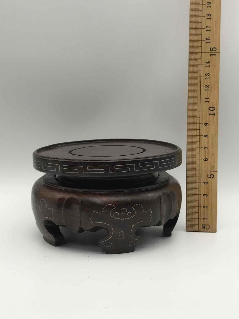 硬木嵌銀線花台　香炉台　銀線模様埋込み　飾り台　盆栽台　花瓶台　置物(B-22)