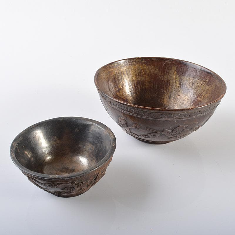 中国　唐物　椰子の実盃　内銀張　山水人物文　煎茶碗　2点まとめて　C　R6288