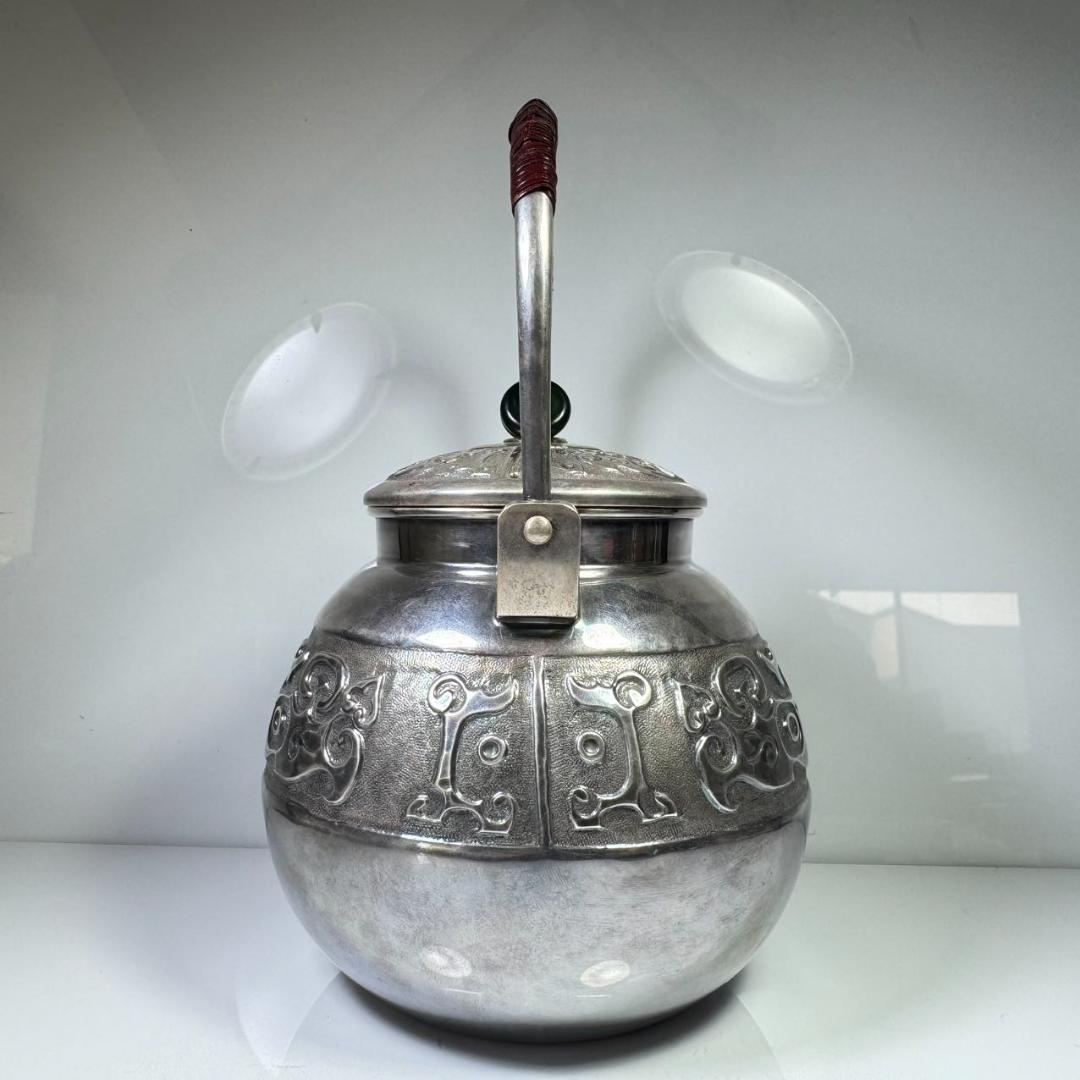 純銀製 蔵六 砲口湯沸 貴石摘 銀瓶 箱付 古美術品 純銀保証 湯沸 やかん