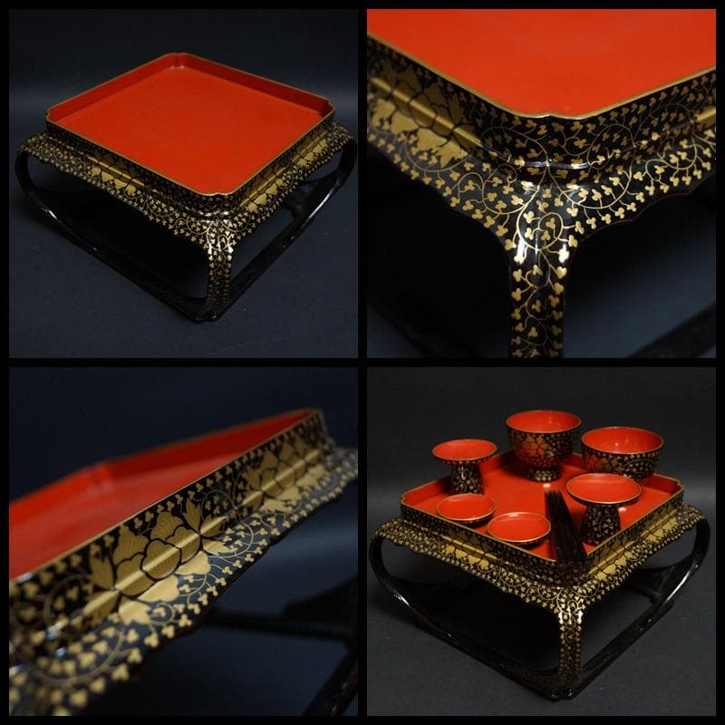 明治期 金蒔絵『牡丹唐草文』小型 木製御懸盤 一対 共箱☆時代物☆