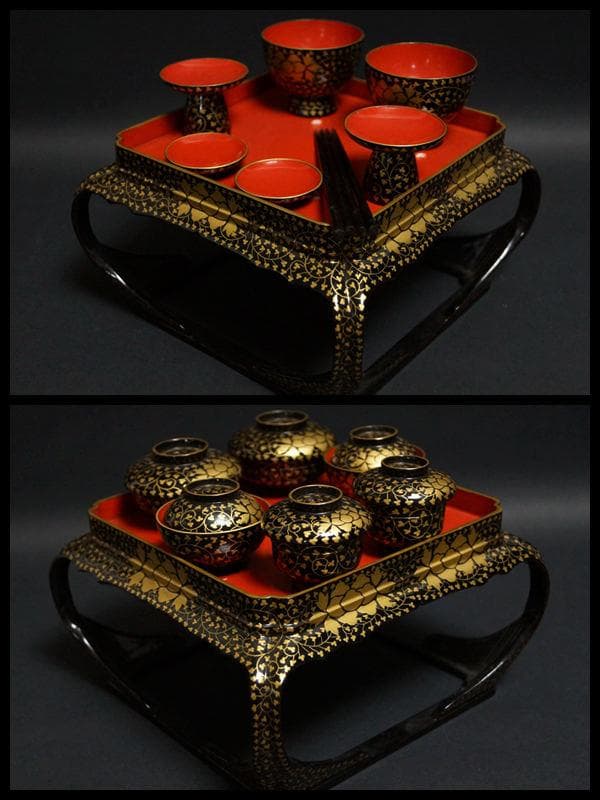 明治期 金蒔絵『牡丹唐草文』小型 木製御懸盤 一対 共箱☆時代物☆