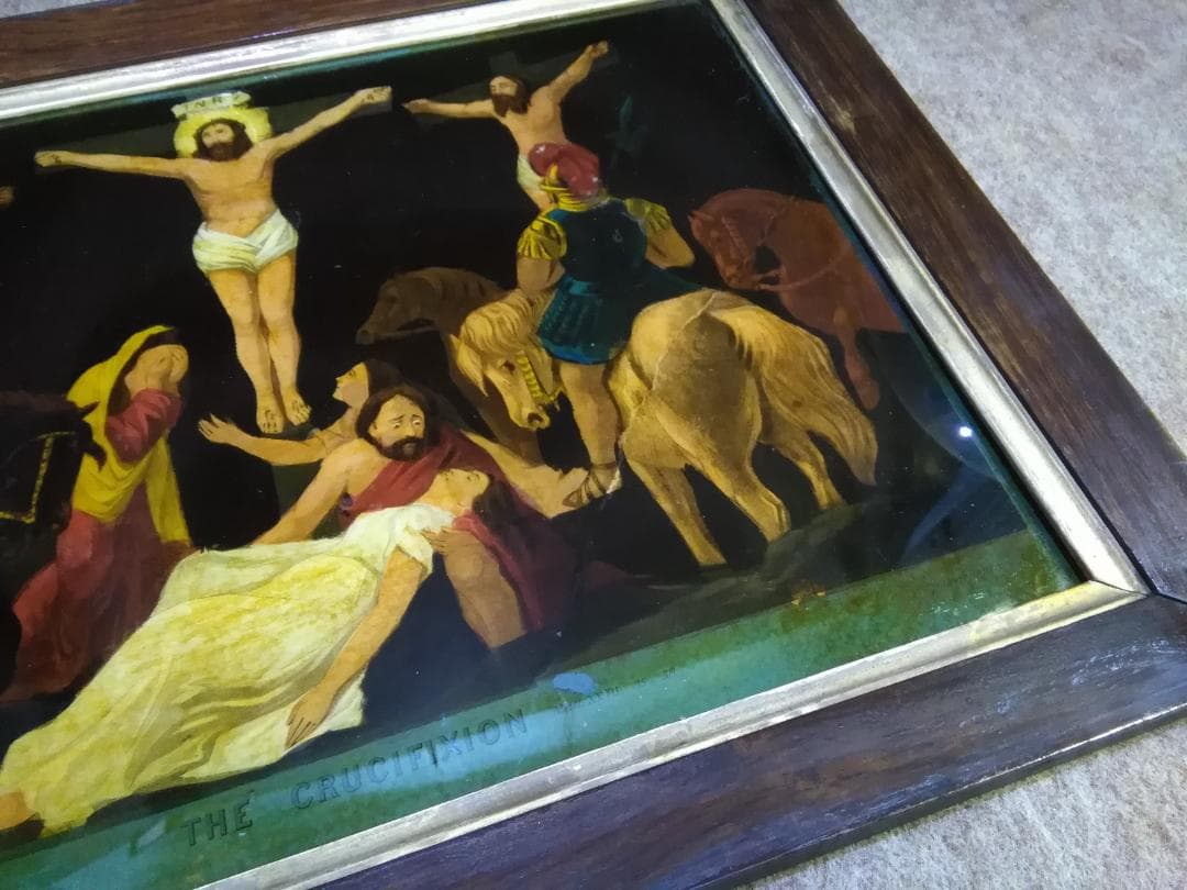 キリスト　ジェームズ・ベイトマン 作品　直筆肉筆　十字架刑　古いガラス絵　額装品