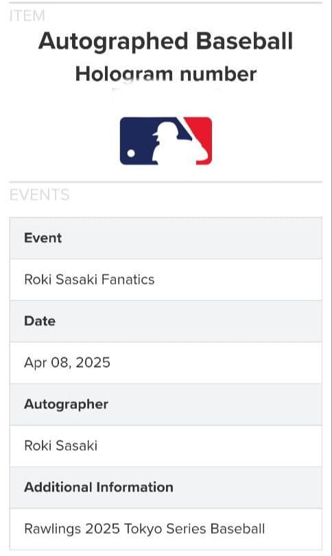 【即完品】佐々木朗希／直筆サインボール／ロサンゼルス・ドジャース／東京シリーズ／