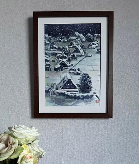 水彩アート「冬の集落　深」1点物、手描き、真筆。