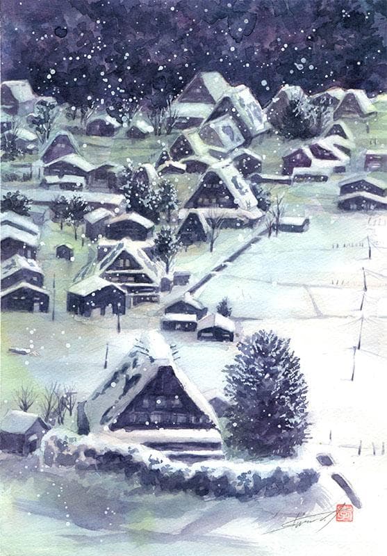 水彩アート「冬の集落　深」1点物、手描き、真筆。