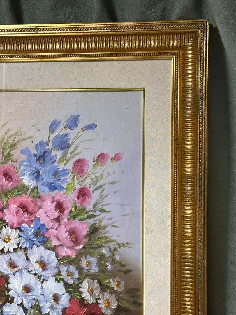 最終価格　真作絵画　リナ・ロッシ フラワーア-ト油彩 肉筆 美術品 薔薇コスモス