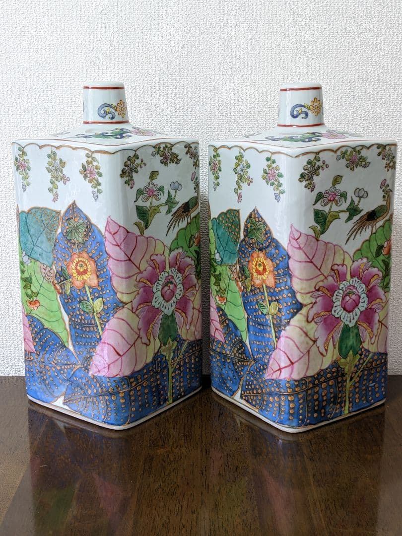 ♦中国陶磁 華栄堂製 粉彩花鳥紋様壺 瓶 花瓶 置物飾り ディスプレイ骨董品