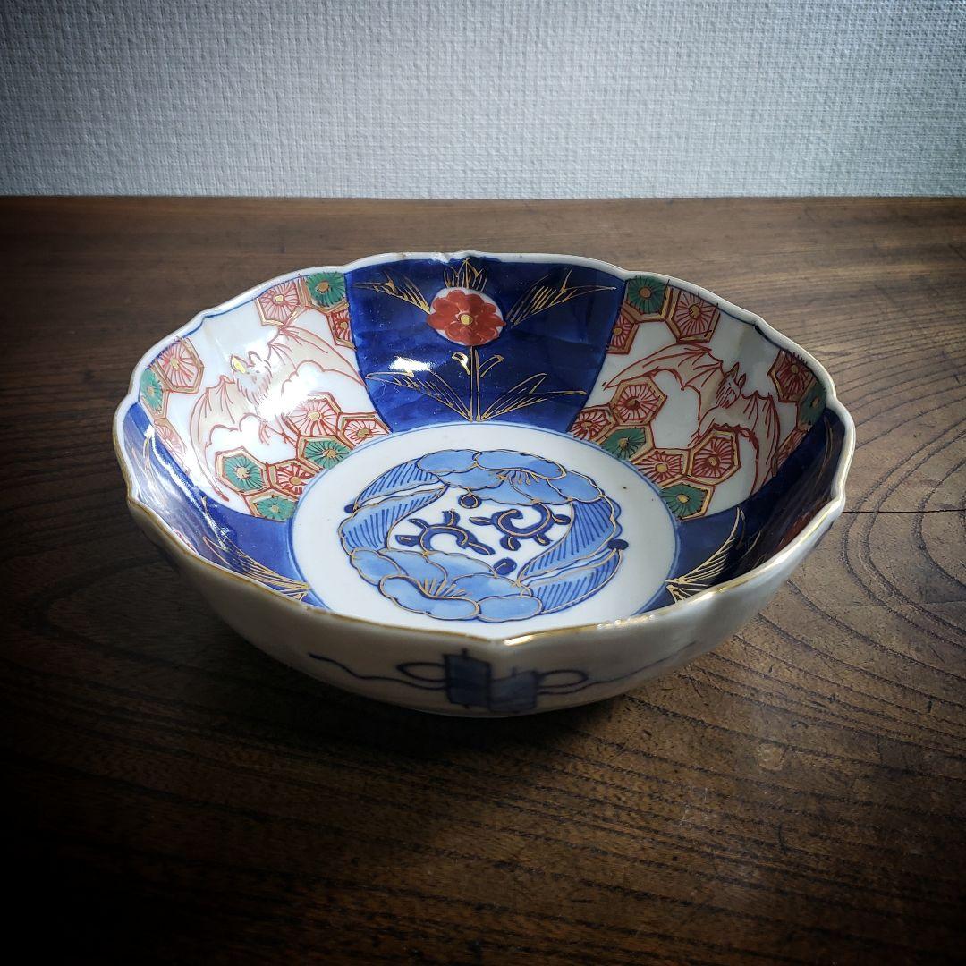 なます皿　蝙蝠　コウモリ　唐花　色絵付　染付　古伊万里　明治　大正　訳あり　欠け