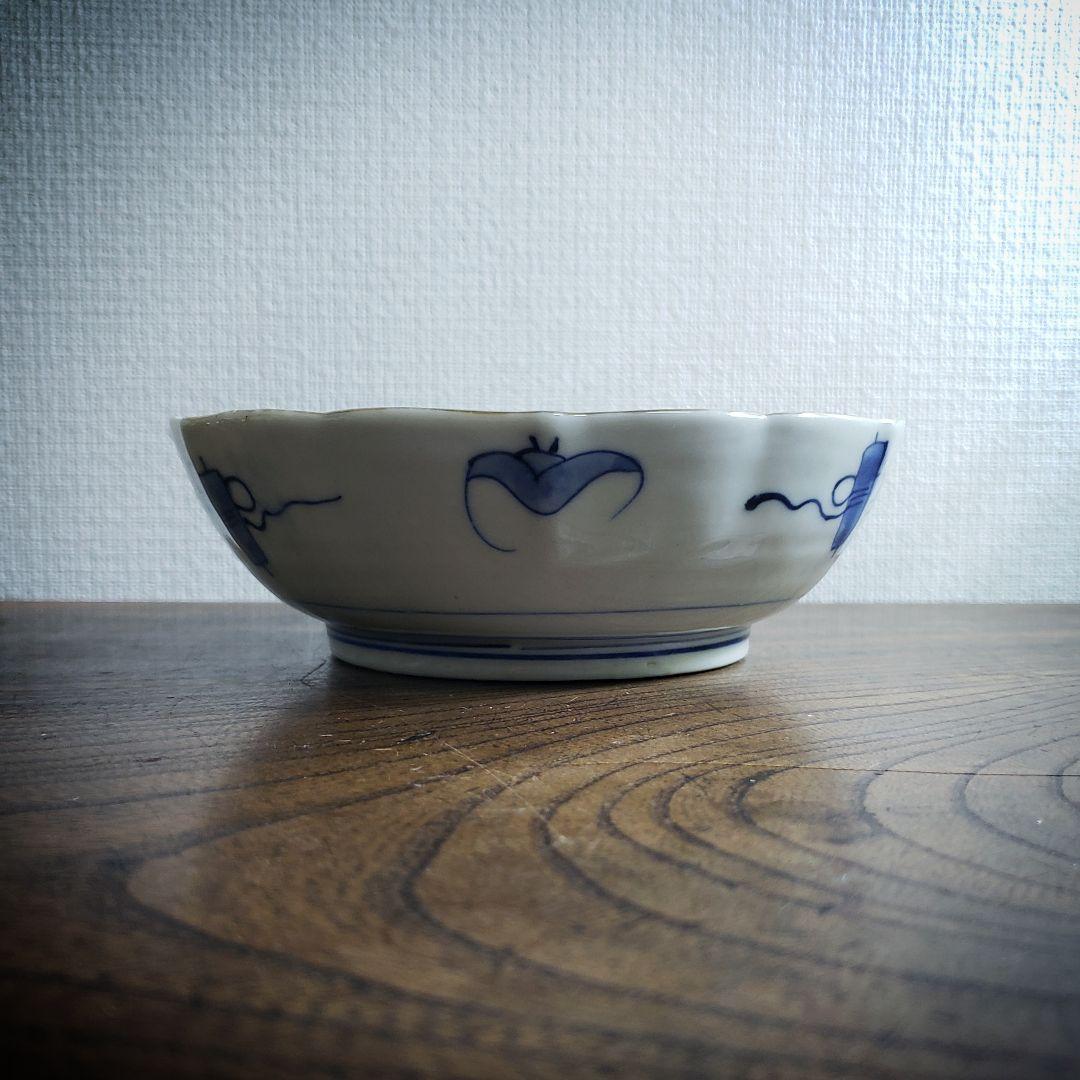 なます皿　蝙蝠　コウモリ　唐花　色絵付　染付　古伊万里　明治　大正　訳あり　欠け