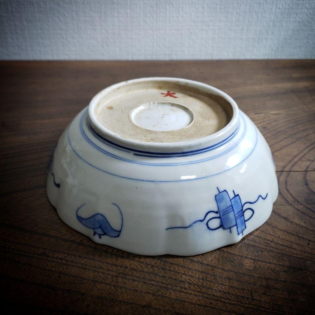 なます皿　蝙蝠　コウモリ　唐花　色絵付　染付　古伊万里　明治　大正　訳あり　欠け