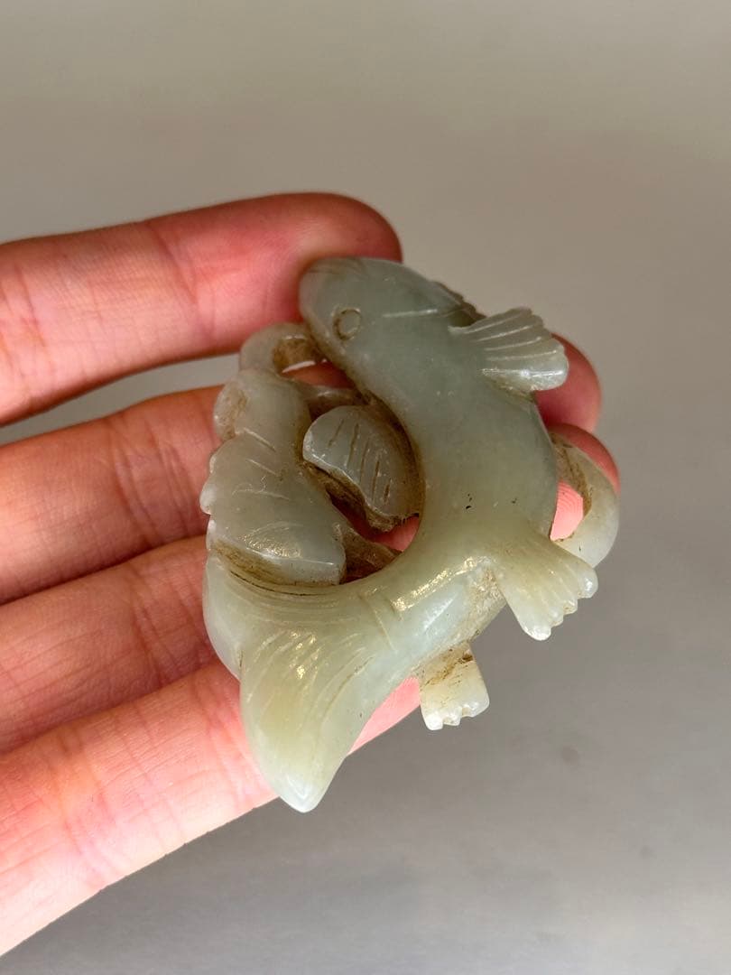 清時代 青玉 魚形彫刻 玉器 中国古美術 時代物 置物