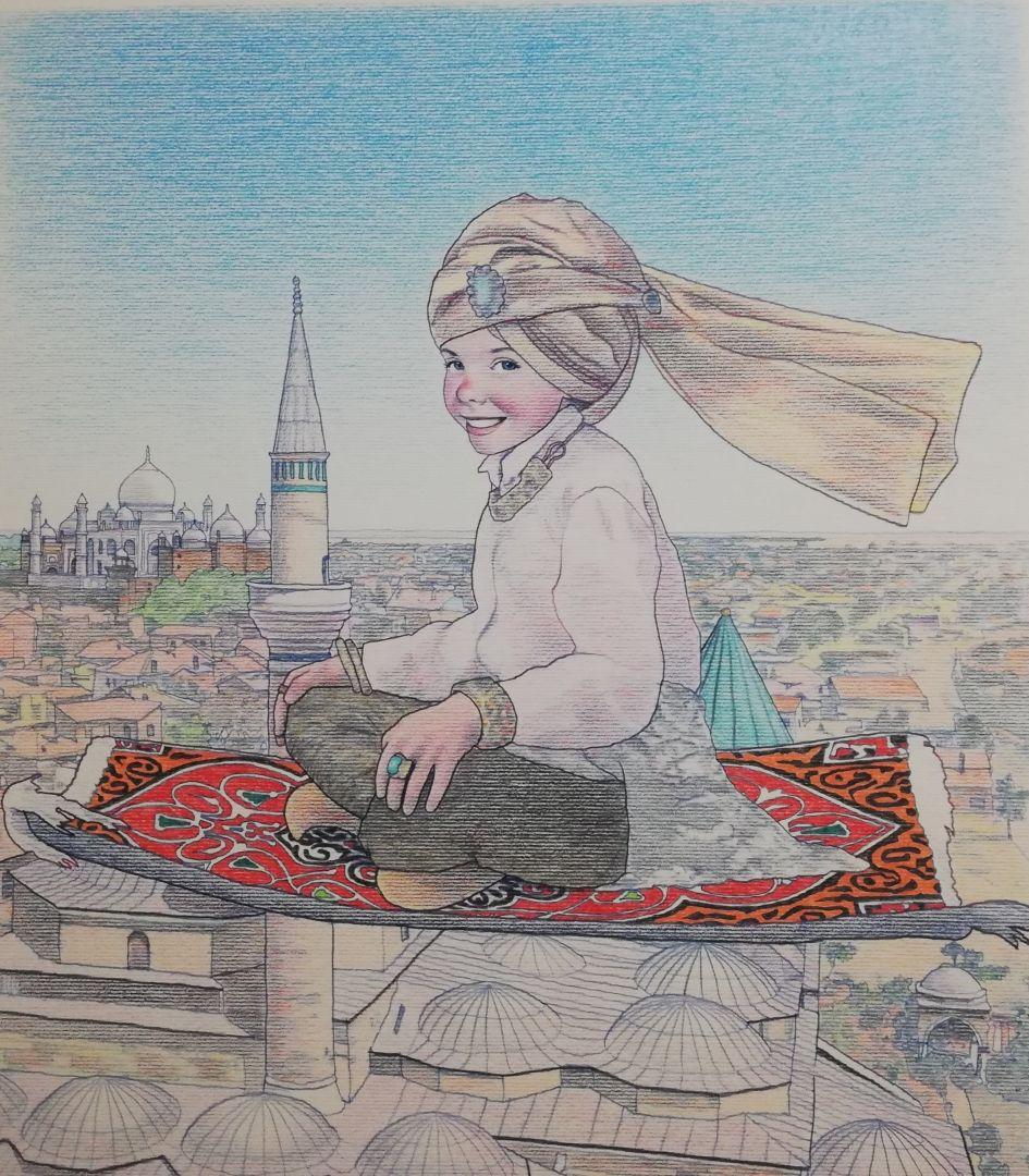 色鉛筆画 イラストレーション原画「アラジンの自由」