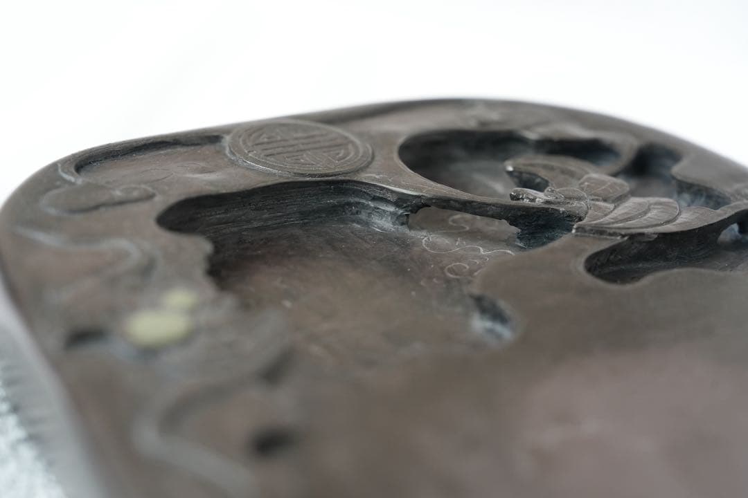 福 縁起物 蝙蝠文高彫 硯 眼 細工 コウモリ 雲海 年代美品 端渓 五福 幸運