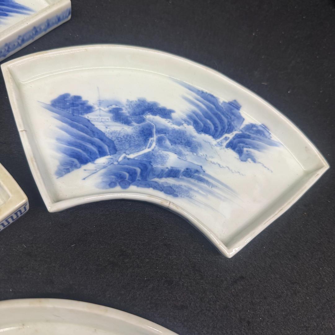 江戸時代 　古平戸 染付山水文扇形 皿 7枚