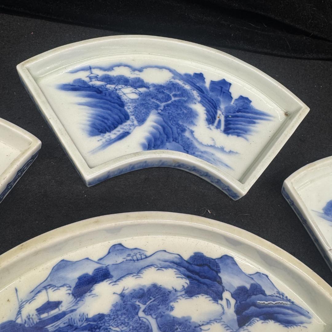 江戸時代 　古平戸 染付山水文扇形 皿 7枚