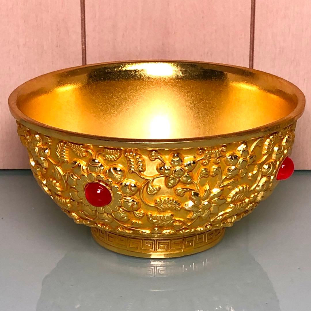 古美術　金わん　 龍鳳彫刻　清国 茶碗　吉祥花紋 流金鎮座 縁起物インテリア