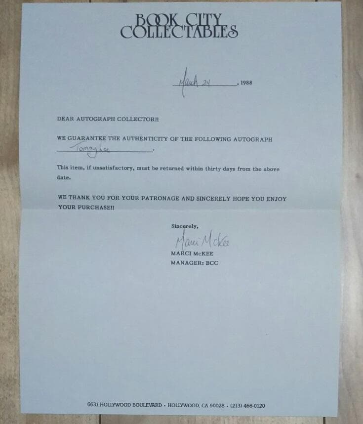 超レア！モトリー・クルー/トミー・リー　サイン入りジャンボ生写真（証書付）