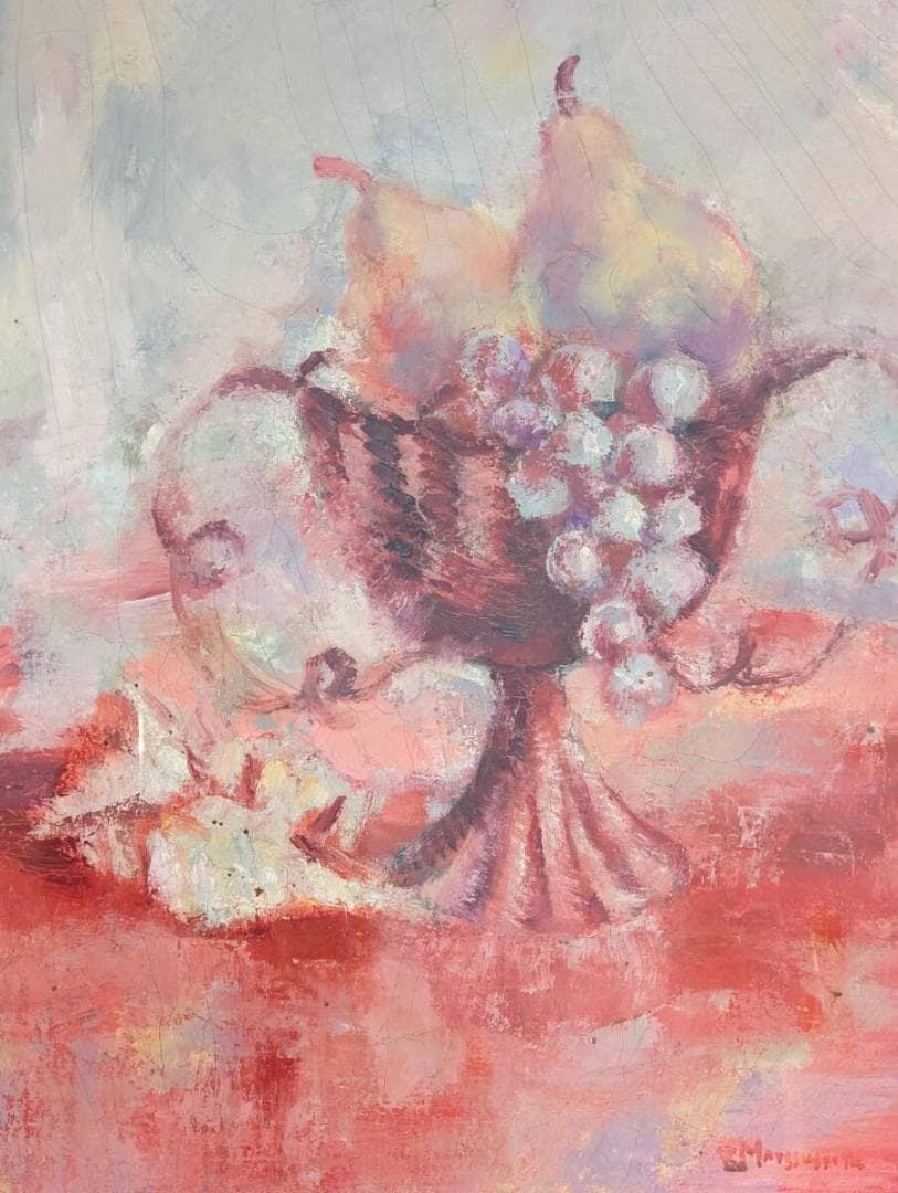 【真作】絵画　油彩10号　静物画　果物と花器　優美な色彩表現　Y148