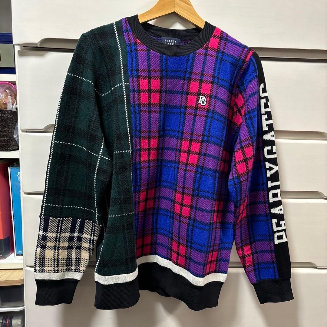パーリーゲイツ　モノトーン　マルチチェック柄 セーターサイズ5
