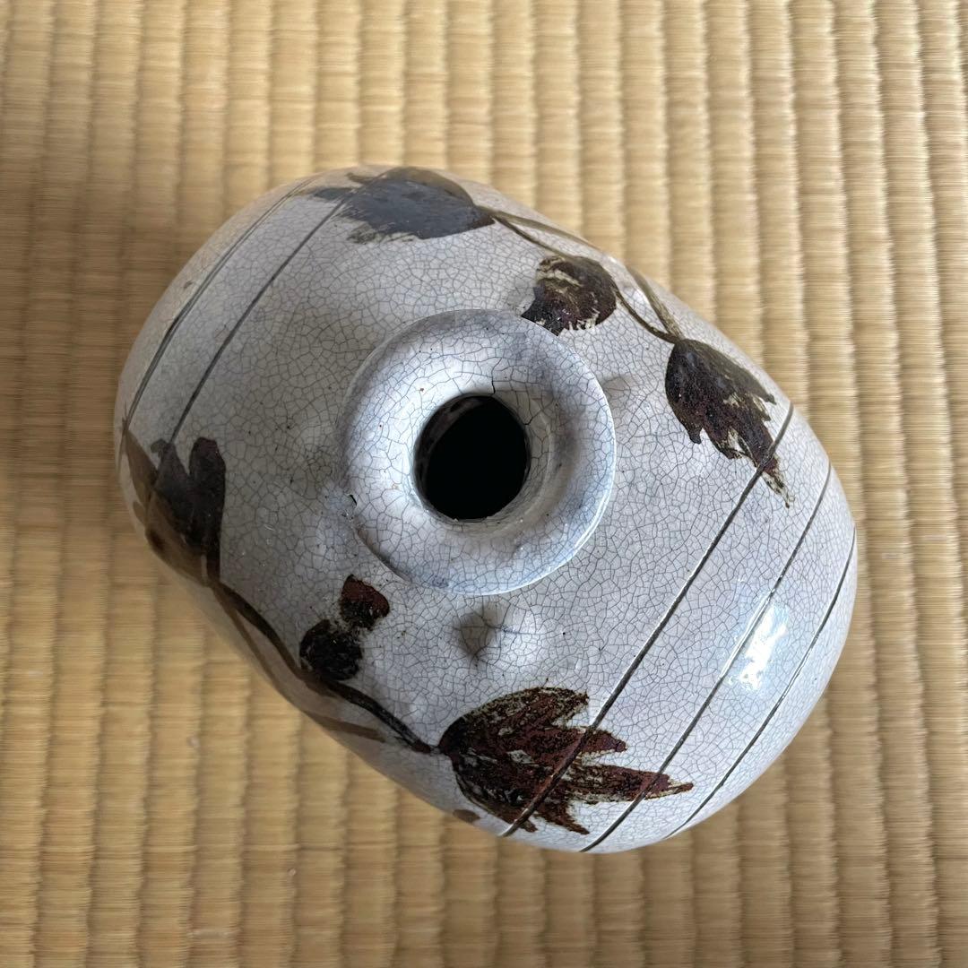 白磁鉄絵草花文俵壺 検) 李朝 朝鮮美術 韓国古美術 扁壺 時代物 鶏龍山