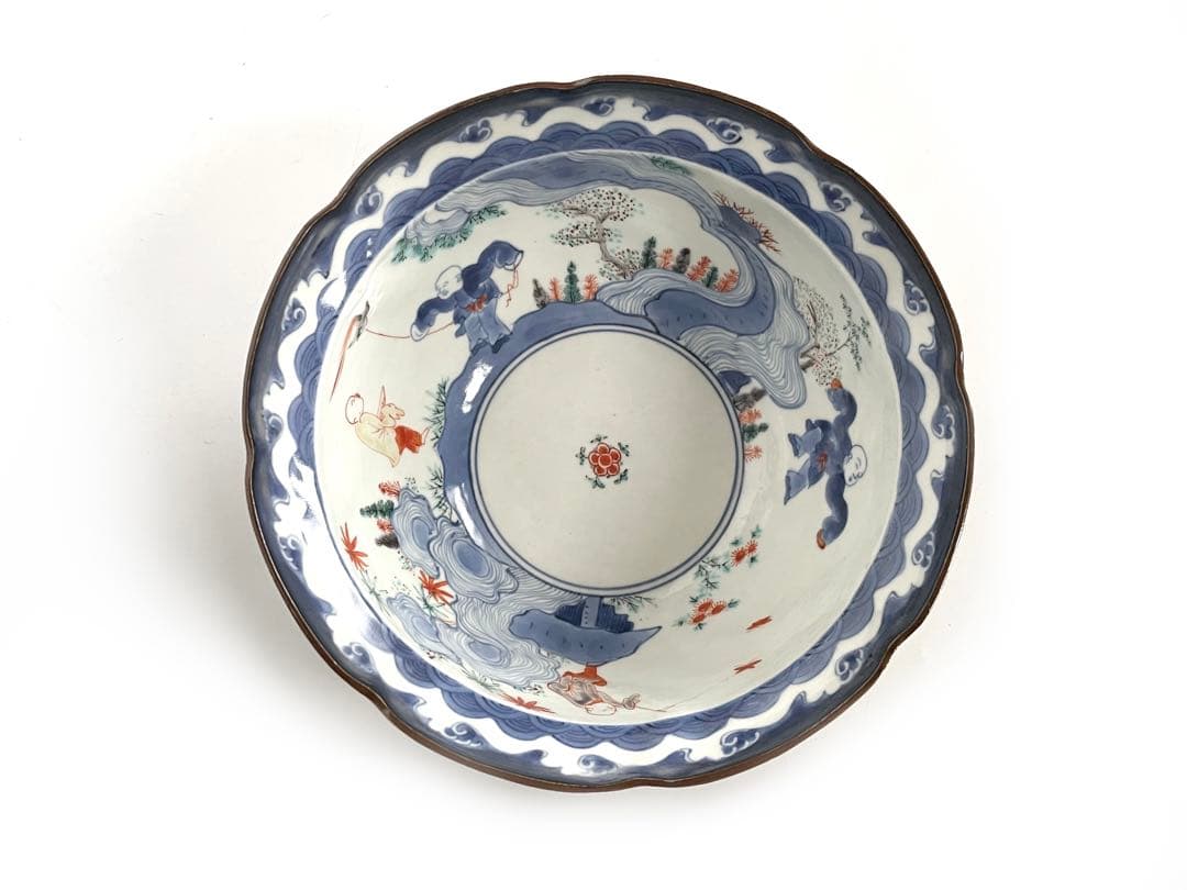 骨董　アンティーク　柿右衛門　色絵　染錦　唐子遊戯図　輪花鉢　深鉢　鉢　古伊万里