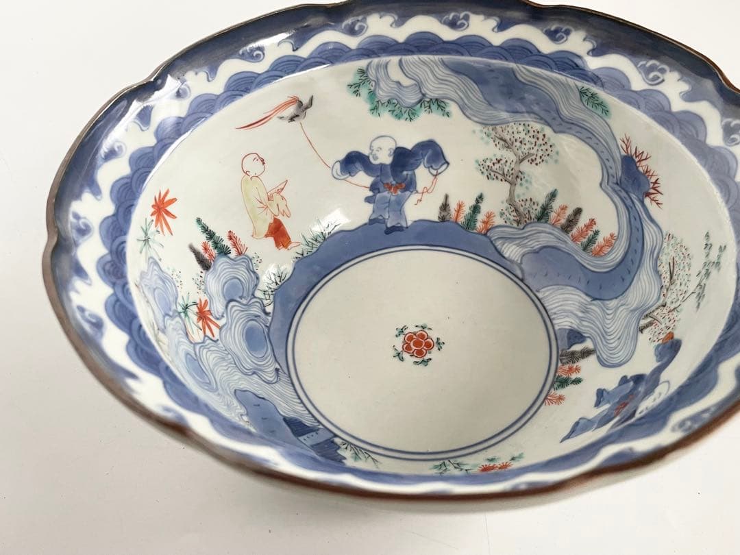 骨董　アンティーク　柿右衛門　色絵　染錦　唐子遊戯図　輪花鉢　深鉢　鉢　古伊万里