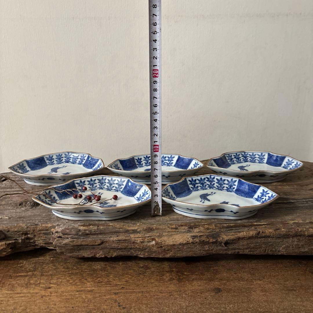 アンティーク変形小皿5点　明治　大正　印判染付古道具　検:白洲正子　李朝