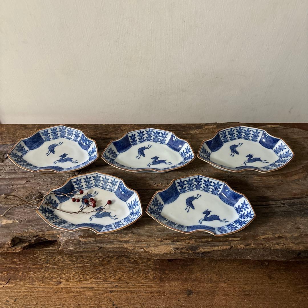 アンティーク変形小皿5点　明治　大正　印判染付古道具　検:白洲正子　李朝