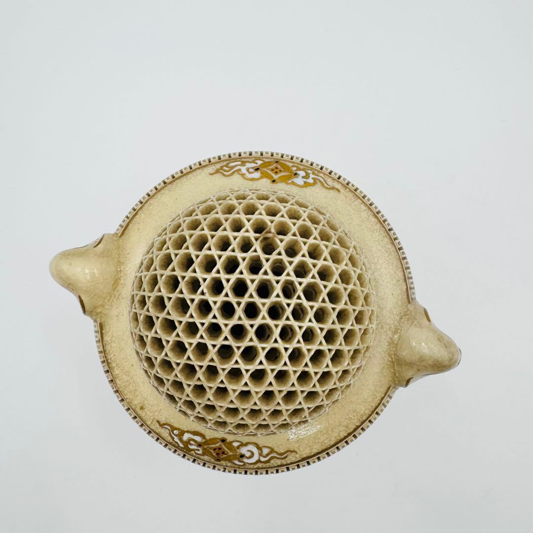 【白薩摩　光石窯　象耳香炉　色絵付け】骨董　アンティーク　インテリア