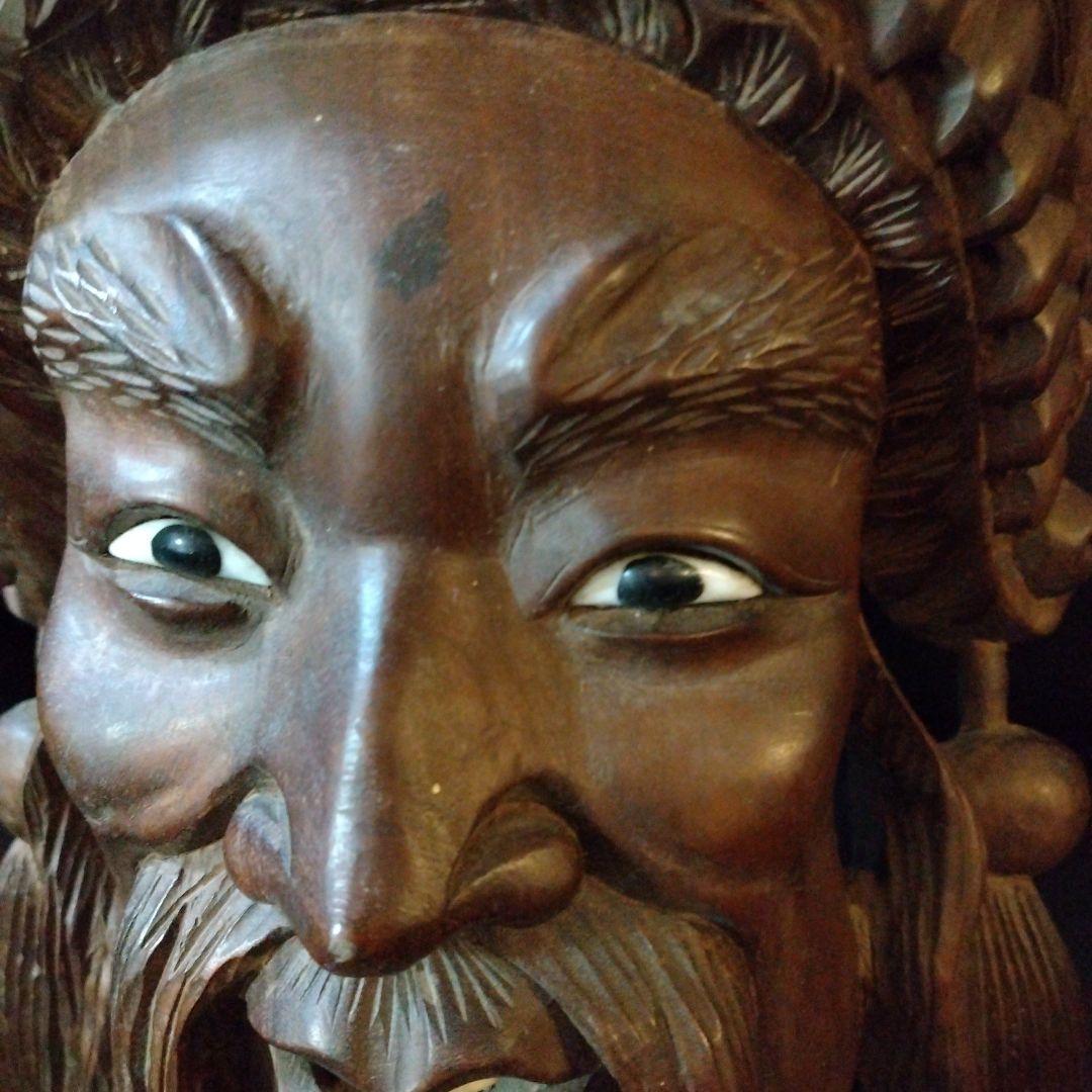 中国　木彫り　お面　壁掛け　壁掛け　魔除け