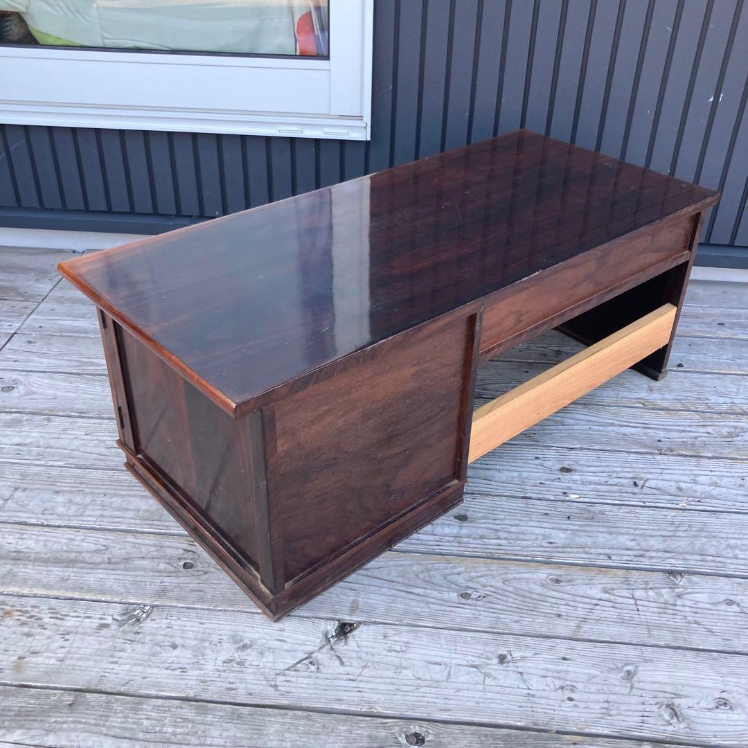 昭和レトロ 古家具 花柄彫刻 木彫り 木製文机 引き出し付き座卓 書斎机 古道具