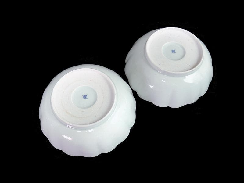 古伊万里　染付　雷紋に雲　花鳥紋の図　膾皿　２客　江戸期　E411AS-CEz