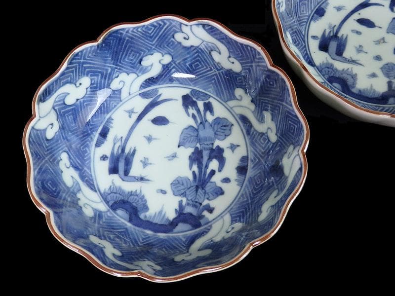 古伊万里　染付　雷紋に雲　花鳥紋の図　膾皿　２客　江戸期　E411AS-CEz