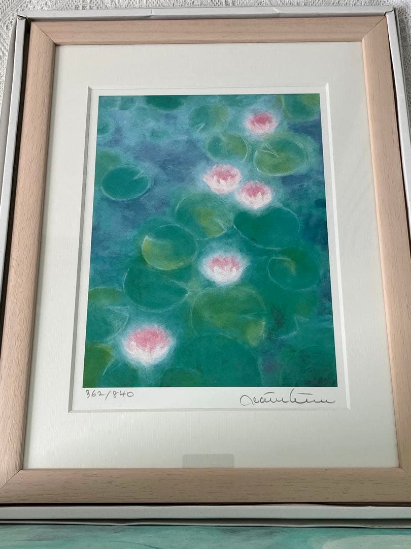 版画　限定　サイン、エデション番号有　額入り　蓮　グリーン系　ジニーキム　睡蓮