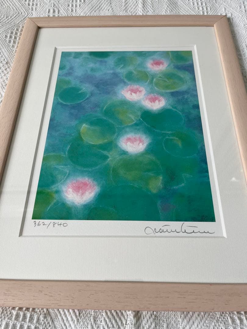 版画　限定　サイン、エデション番号有　額入り　蓮　グリーン系　ジニーキム　睡蓮