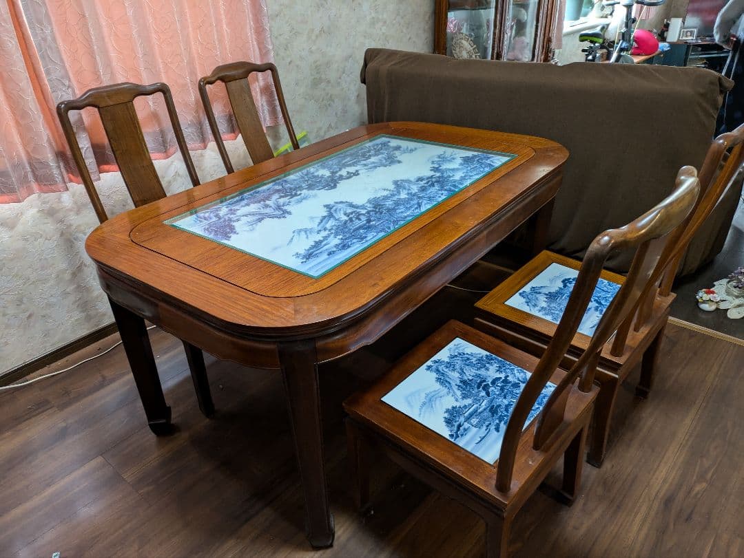 【沖縄・離島除く】有田焼、ダイニングテーブルセット、『染付山水絵陶板』神右衛門窯