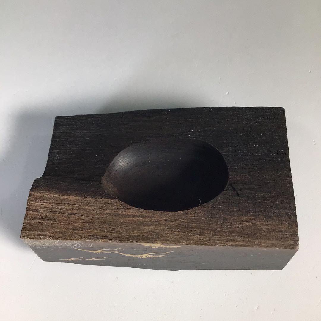 Ｎ７２９　香合　『中林星山作』『芦に雁蒔絵』『黒柿割香合』　共箱　茶道具