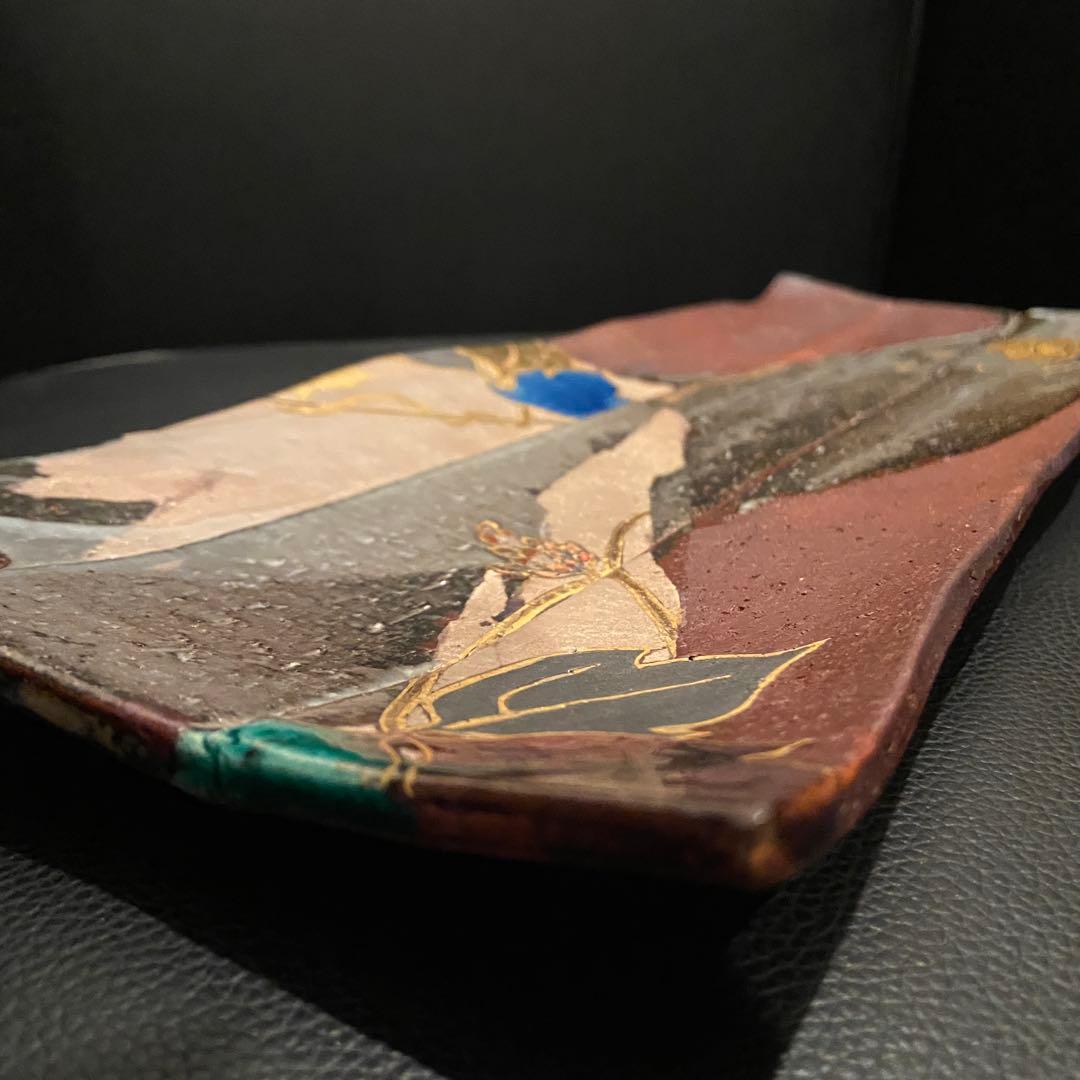 梅山窯 中村卓夫 象嵌色絵 長皿 盛皿 作家もの 共箱 共布 九谷焼 陶器 陶板