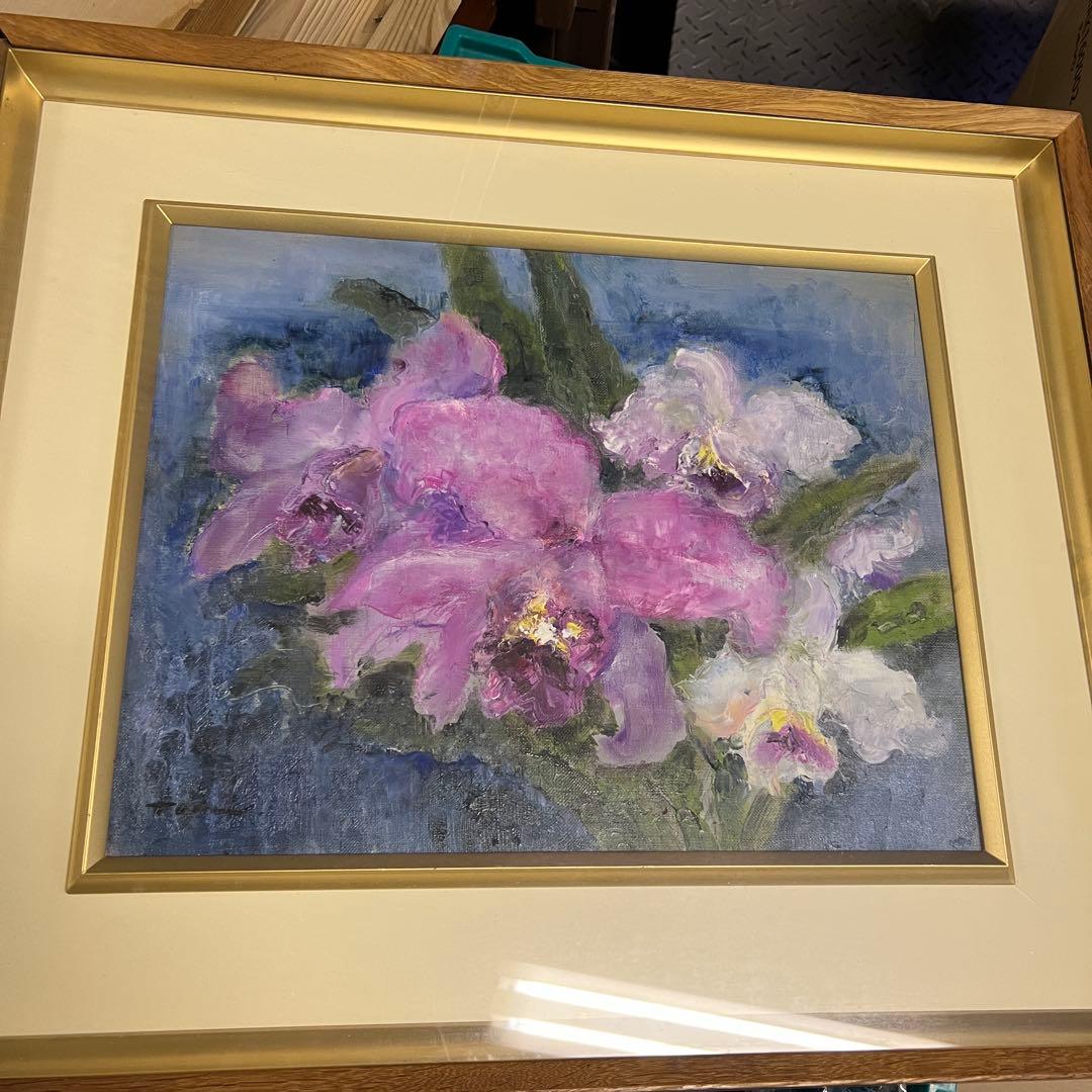 蘭の花 油彩画 金色フレーム付き　中村登美